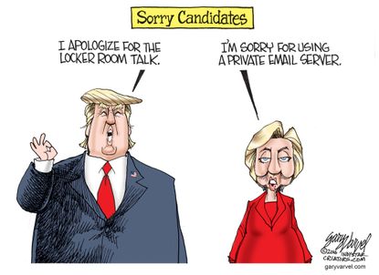 Political cartoon U.S. 2016 election Donald Trump lewd talk Hillary Clinton email servers