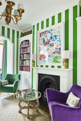 living room with bold striped wallpaper
