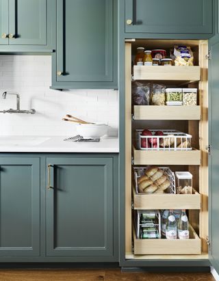 A kitchen with a pantry tucked next to the countertop