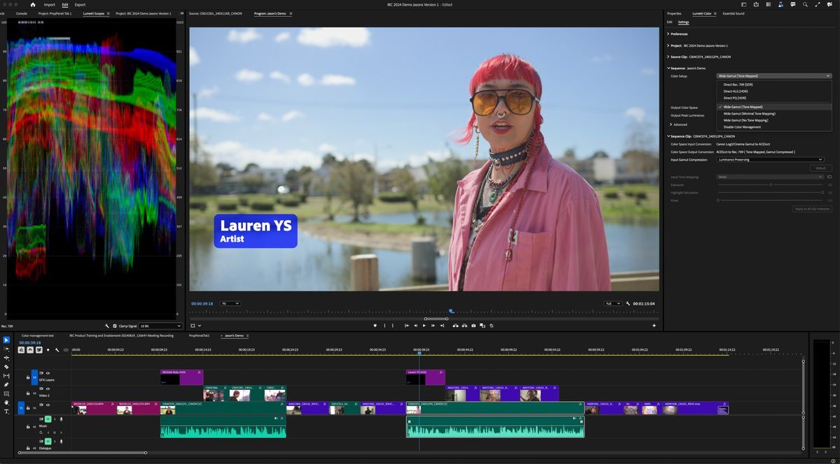 Premiere Pro interface showing woman standing in front of a lake