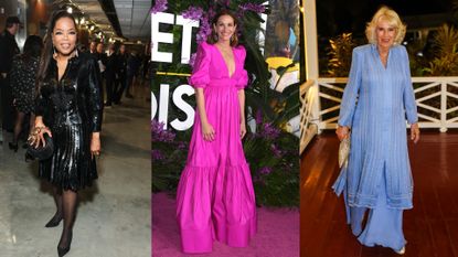 Oprah Winfrey wearing a black sequined dress, Julia Roberts wearing a pink ruffled gown on the red carpet and Queen Camilla wearing a blue long-sleeved dress 