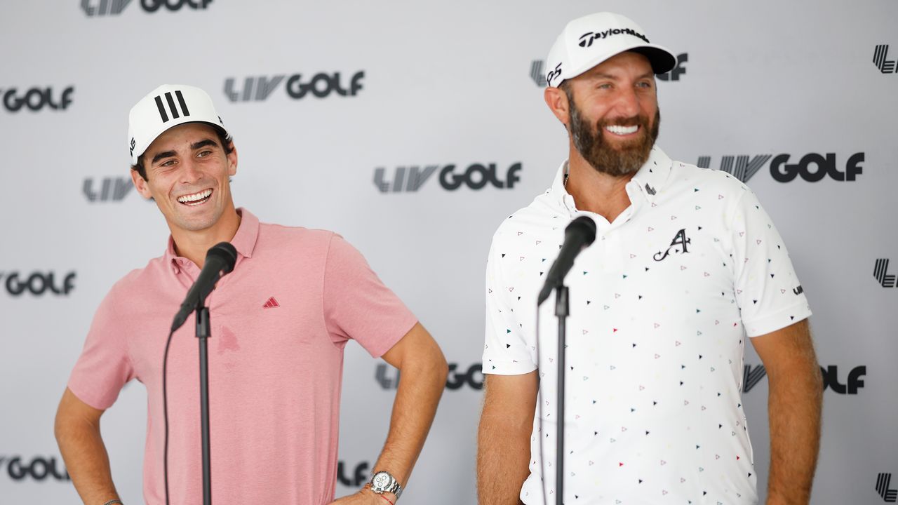 Joaquin Niemann and Dustin Johnson speak to the media at a LIV Golf gathering