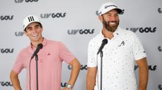 Joaquin Niemann and Dustin Johnson speak to the media at a LIV Golf gathering
