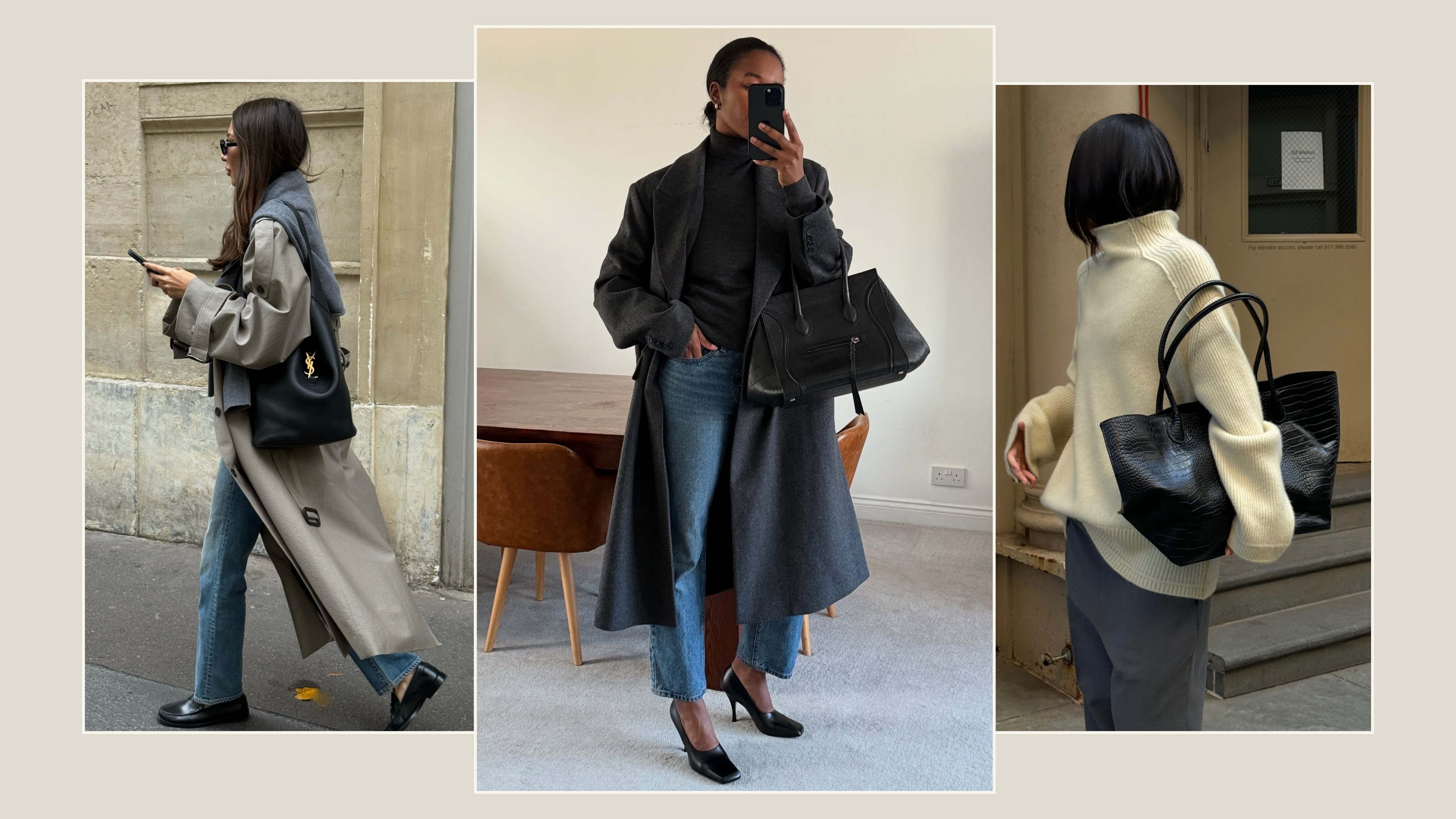 A collage of women wearing black handbags,