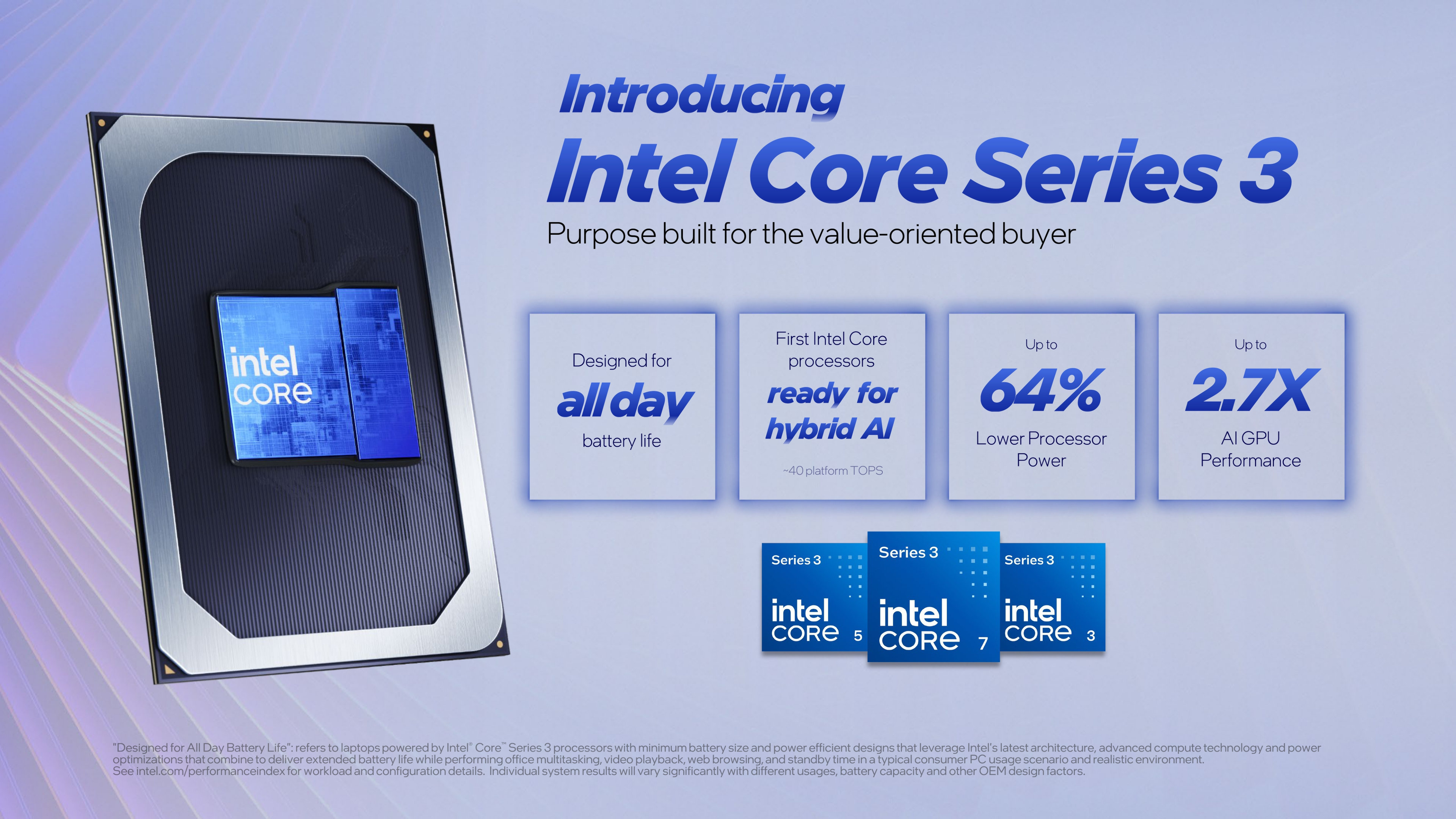 A launch presentation slide for the Intel Core Series 3 range of processors, showing an introduction to the overall benefits of the new design