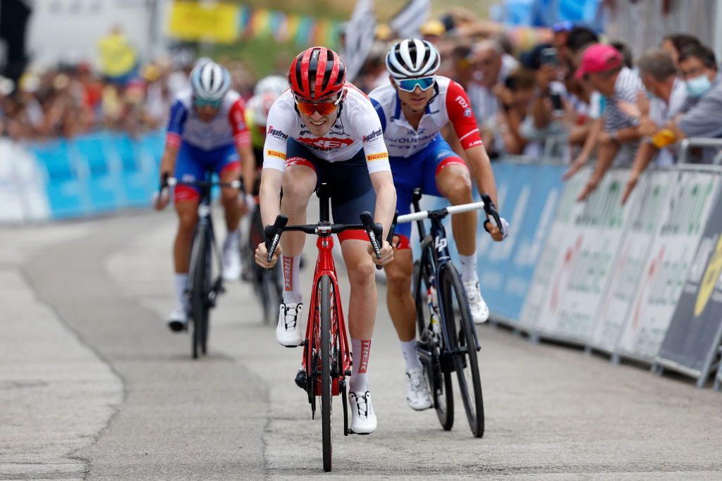 LLEX FRANCE AUGUST 11 Mattias Skjelmose Jensen of Denmark and Team Trek Segafredo crosses the finish line during the 34th Tour de lAin 2022 Stage 3 a 131km stage from Plateau dHauteville to Llex 904m TDA22 on August 11 2022 in Llex France Photo by Bas CzerwinskiGetty Images