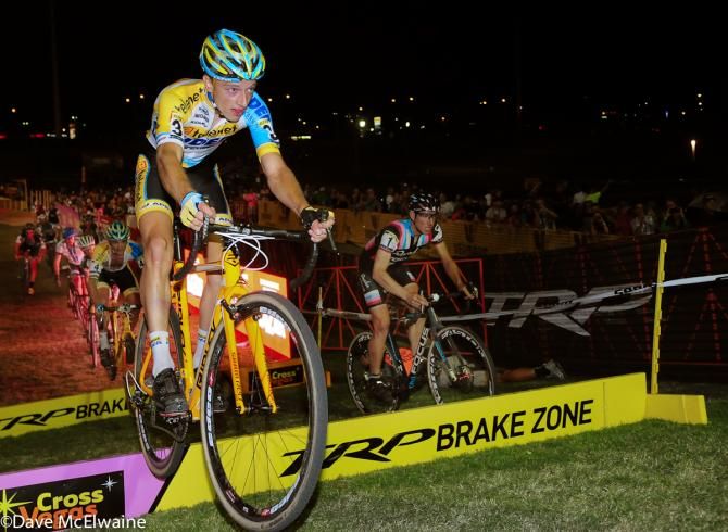 Quinten Hermans (Telenet-Fidea) leading Jeremy Powers over the barriers