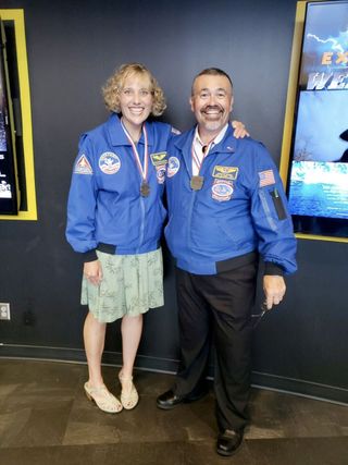 Danny Jaques, creator of Danny's Rocket Ranch Space Salsa, with astronaut Dottie Metcalf-Lindenburger. Both are Space Camp alum and members of the Space Camp Hall of Fame.