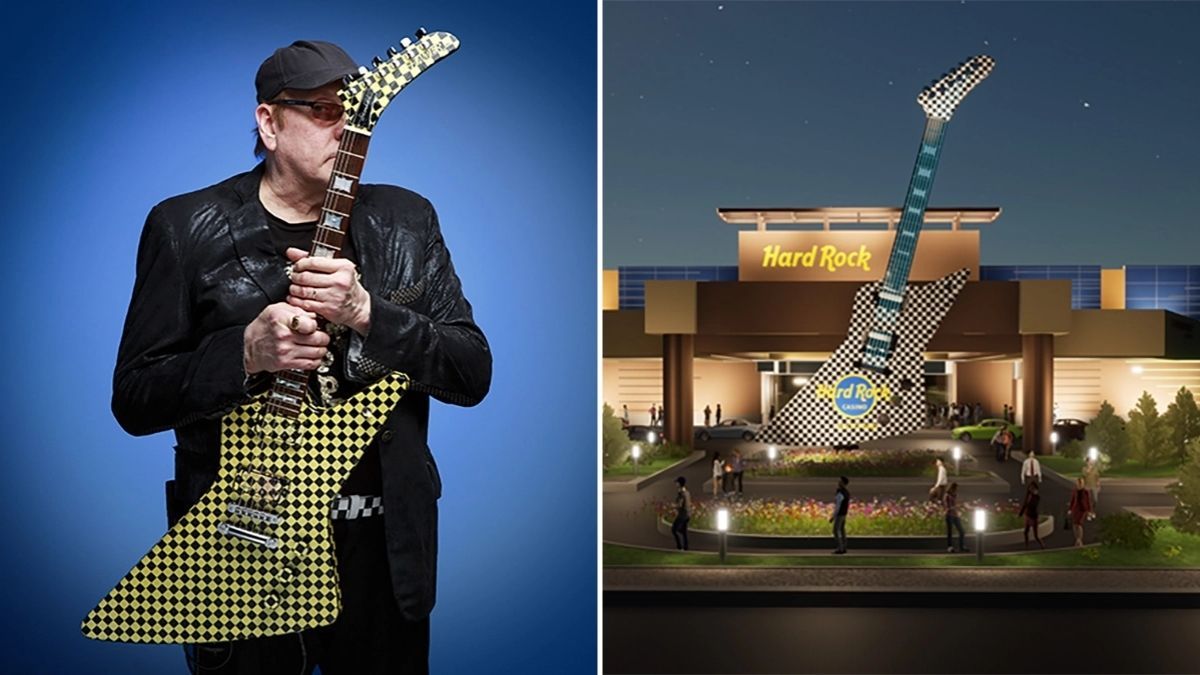 Rick Nielsen (left), a giant 62-foot statue of his Hamer checkerboard guitar