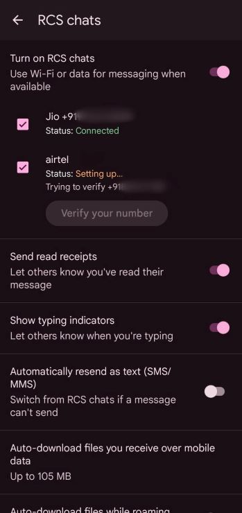 Google Messages RCS chat settings showing support for dual SIM