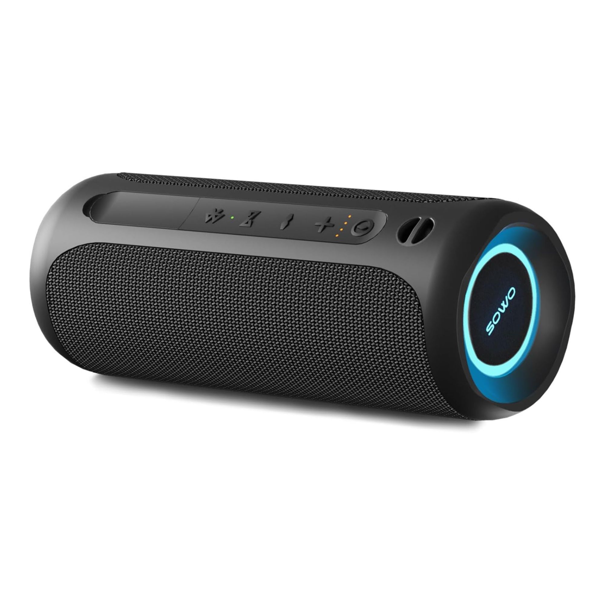 Black cylindrical waterproof portable SOWO speaker, it has five raised buttons on the top, and a blue round light to denote power on the end