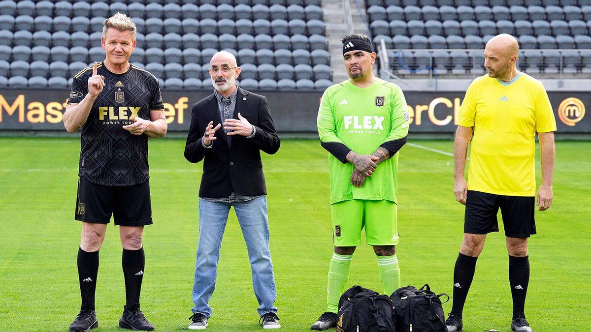 Gordon Ramsay, Joe And Aaron in soccer gear for MasterChef team challenge.