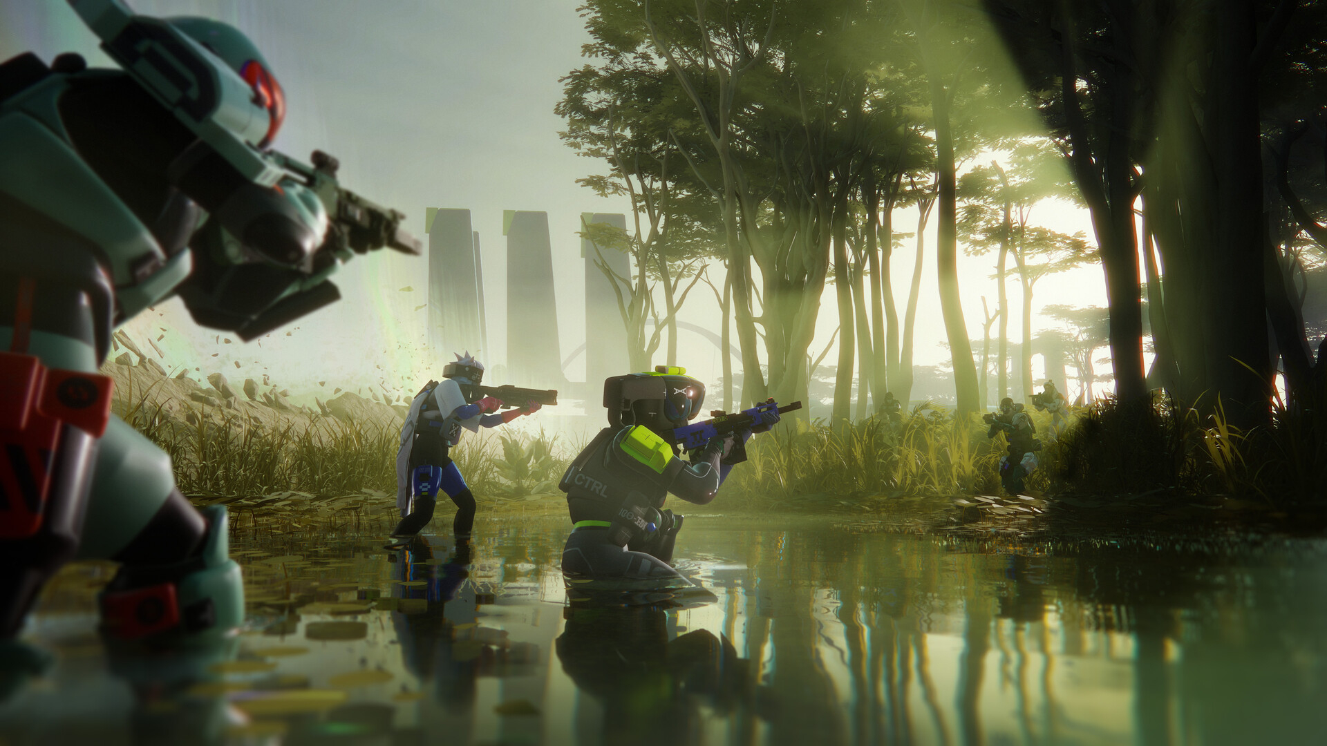 A screenshot from Marathon, showing two teams in a standoff with each other