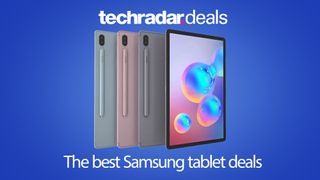 four Samsung Galaxy Tablets side-by-side on a blue background with techradar deals logo above