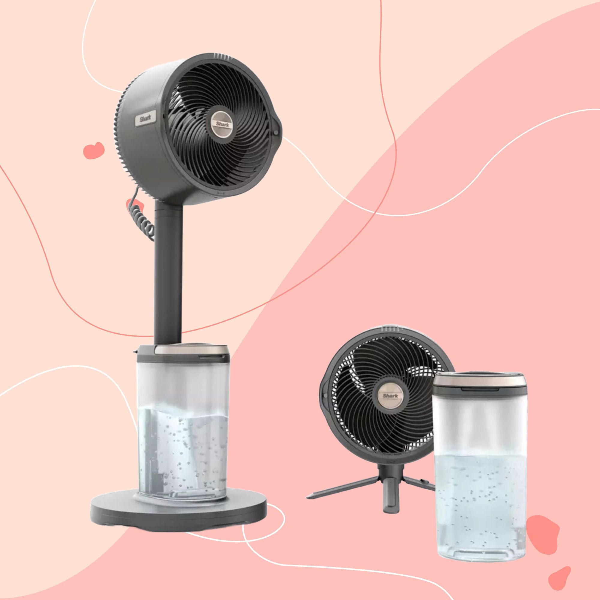Shark FlexBreeze Pro Mist Indoor &amp; Outdoor Fan &amp; Outdoor Misting System FA300UK on a pink background