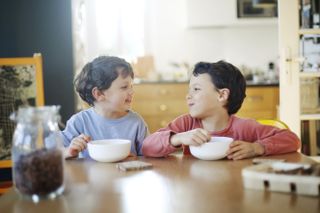 Two children eating cereal at the breakfast table