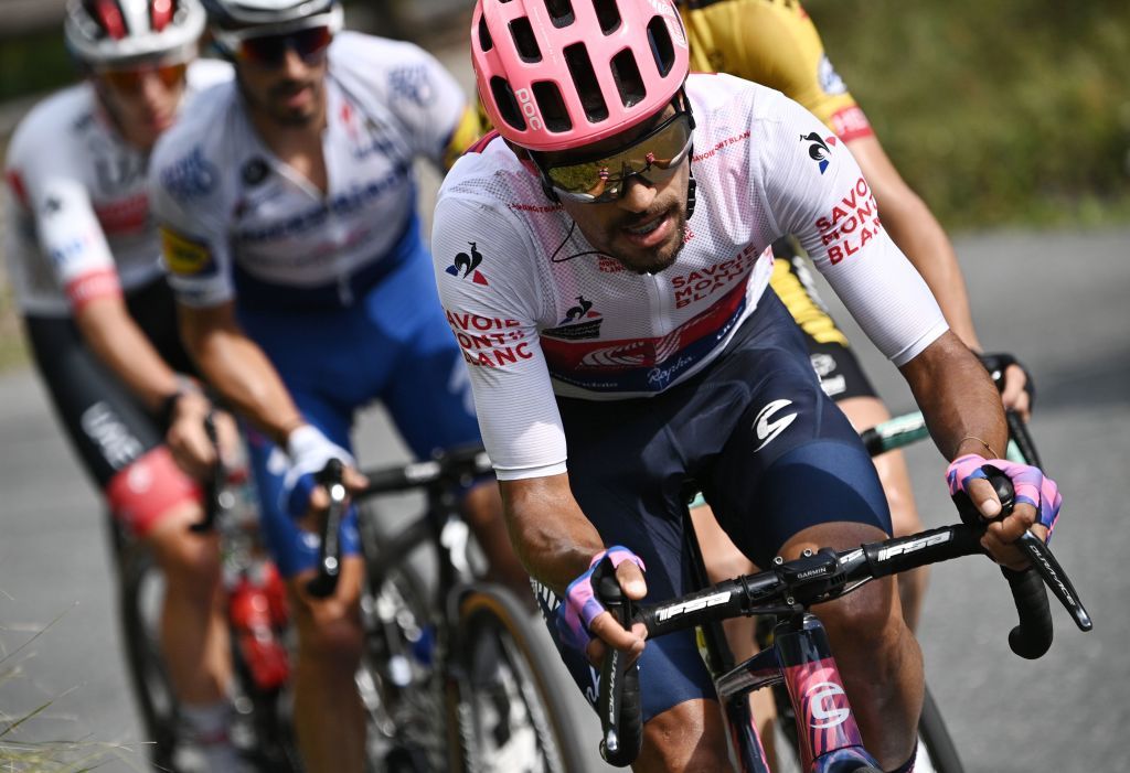 EF Pro Cycling’s Dani Martinez en route to exchanging his white jersey as best young rider to the yellow jersey of overall winner on stage 5 of the 2020 Critérium du Dauphiné