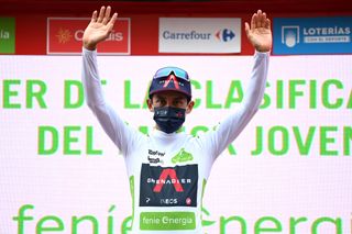 ALBACETE SPAIN AUGUST 18 Egan Arley Bernal Gomez of Colombia and Team INEOS Grenadiers celebrates winning the White Best Young Rider Jersey on the podium ceremony after during the 76th Tour of Spain 2021 Stage 5 a 1844km stage from Tarancn to Albacete lavuelta LaVuelta21 on August 18 2021 in Albacete Spain Photo by Stuart FranklinGetty Images