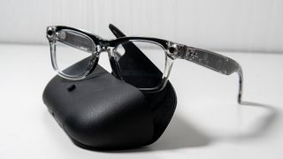 Special edition transparent Ray-Ban Meta Smart Glasses with their black leather charging case