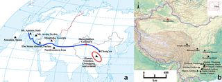 On the left, a map of the Silk Road. On the right, a map showing the location of the cinnabar burial.