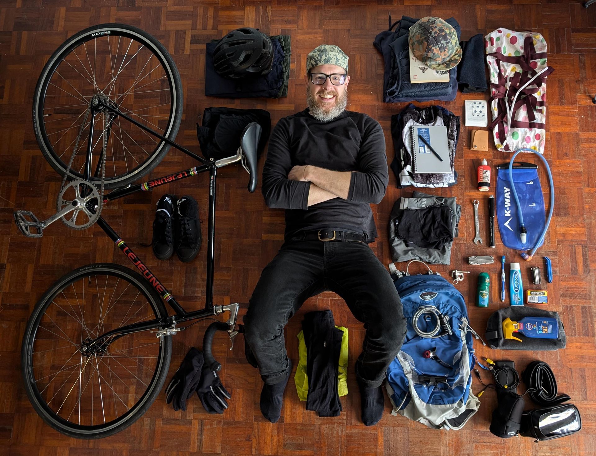 Pete van der Woude with his bike and kit