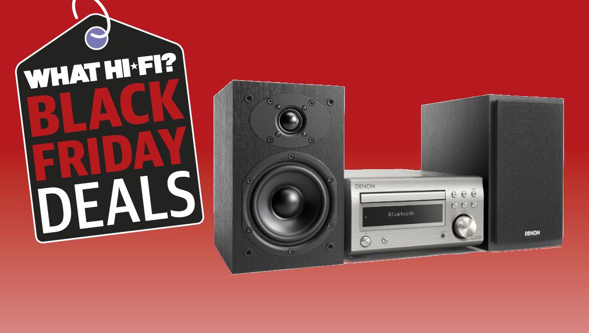 Denon D-M41DAB system on a red background with a Black Friday deal tag