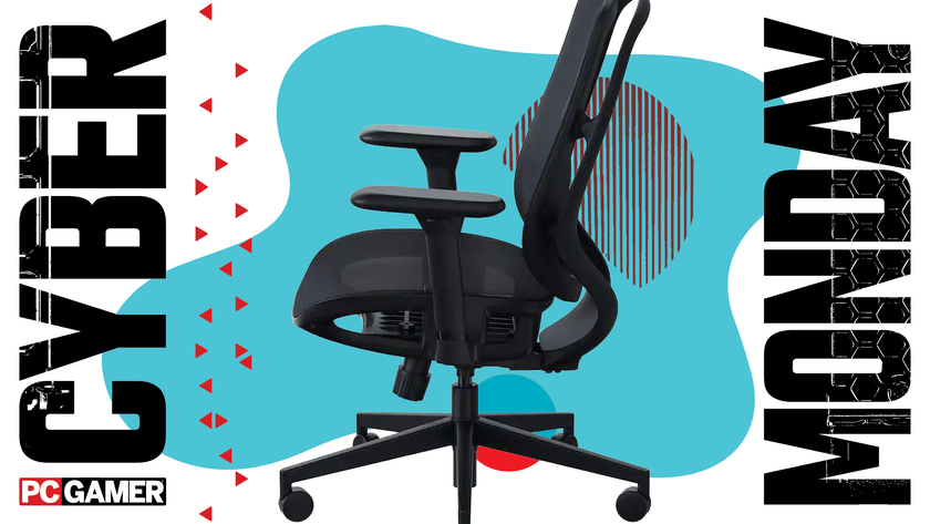 A Razer gaming chair on a blue Cyber Monday background.