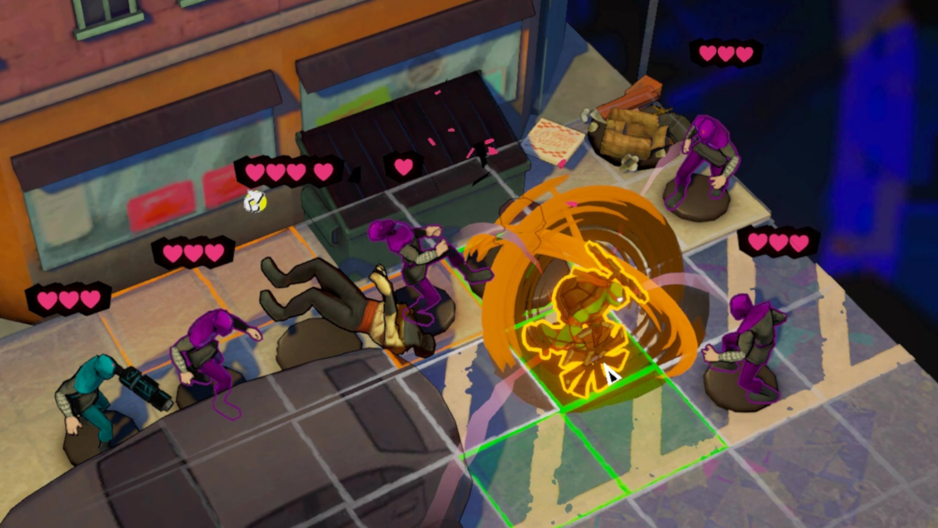 Mikey spins nunchucks to move through enemies in Teenage Mutant Ninja Turtles: Tactical Takedown