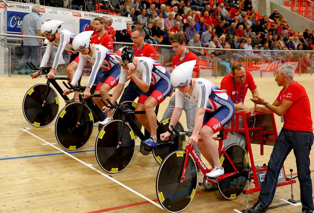 Great Britain's team pursuit squad gets ready for their gold medal ride.