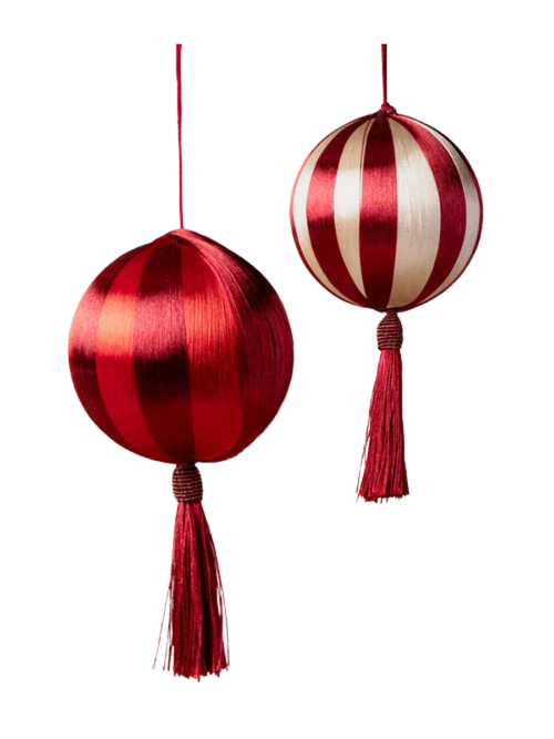 Striped Red & Cream Baubles With Tassel, Set of 2