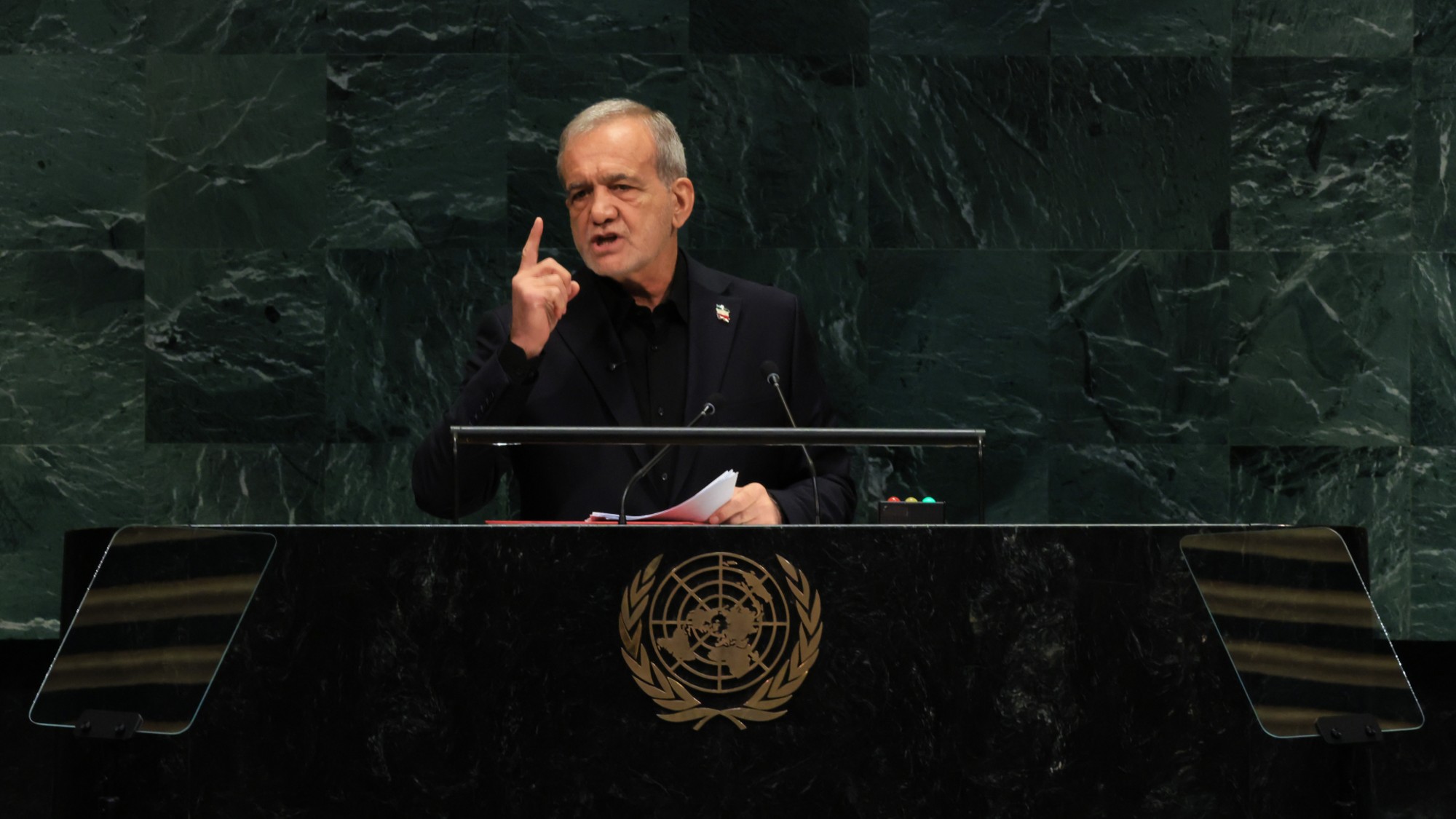 Iranian President Masoud Pezeshkian speaks at the United Nations.