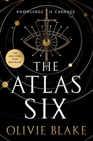 The Atlas Six book cover with a black background and a symbol of an eye with a sword in it