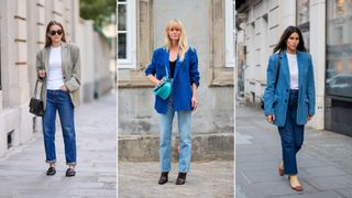 A composite of street style influencers wearing straight leg jeans and a blazer