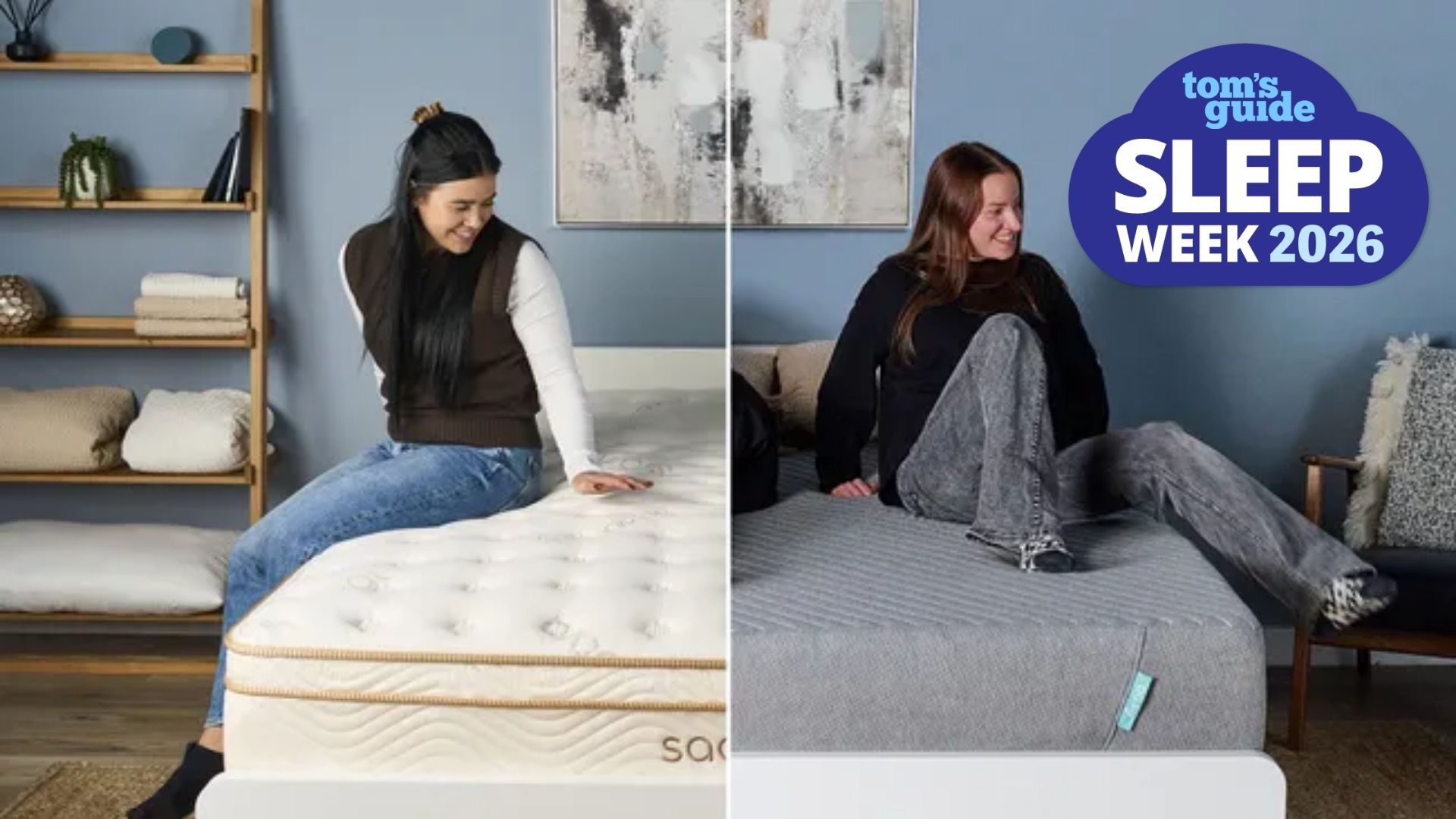 In a side by side composition, a dark haired mattress tester sits on a cream and gold mattress on the left, while a dark haired mattress tester is sits on a grey mattress on the right.  A blue cloud-shaped Tom's Guide Sleep Week 2026 is overlaid on top of the image in the bottom right hand corner.