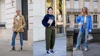 a composite of street style influencers showing how to wear high top converse with jeans