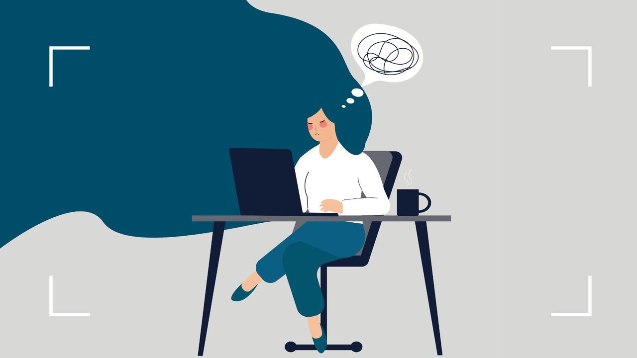 Illustration of tired woman sat at desk with blue, grey and black accents to represent how to recover from burnout