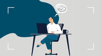 Illustration of tired woman sat at desk with blue, grey and black accents to represent how to recover from burnout