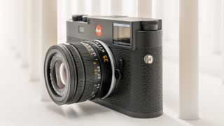 The Leica M11 among some white wooden posts