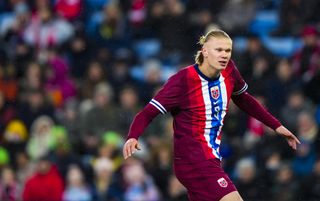 Manchester City star Erling Haaland reacts during the friendly football match between Norway and Slovakia in Oslo, Norway, on March 26, 2024.