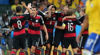 Germany's players celebrate won of their goals in the 7-1 win over Brazil in the 2014 World Cup semi-finals.