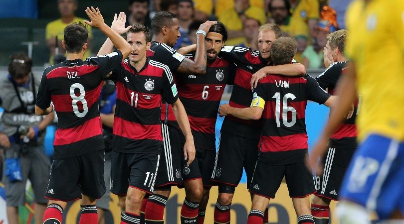 Germany&#039;s players celebrate won of their goals in the 7-1 win over Brazil in the 2014 World Cup semi-finals.