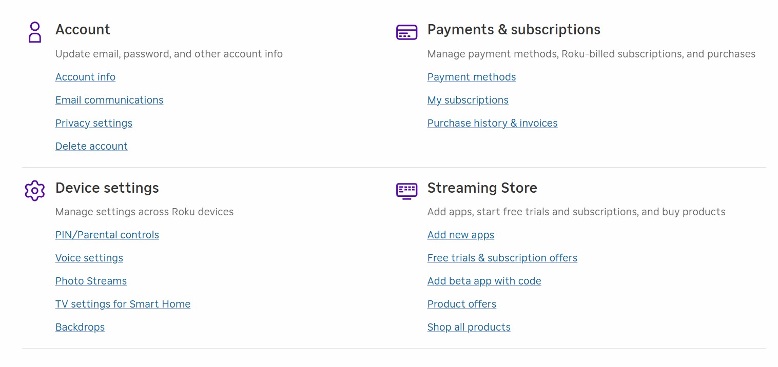 Screenshot of Roku account settings 