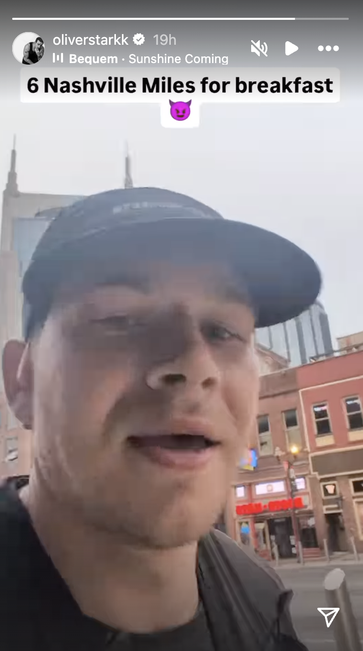 Oliver Stark jogging in Nashville on his Instagram Story.