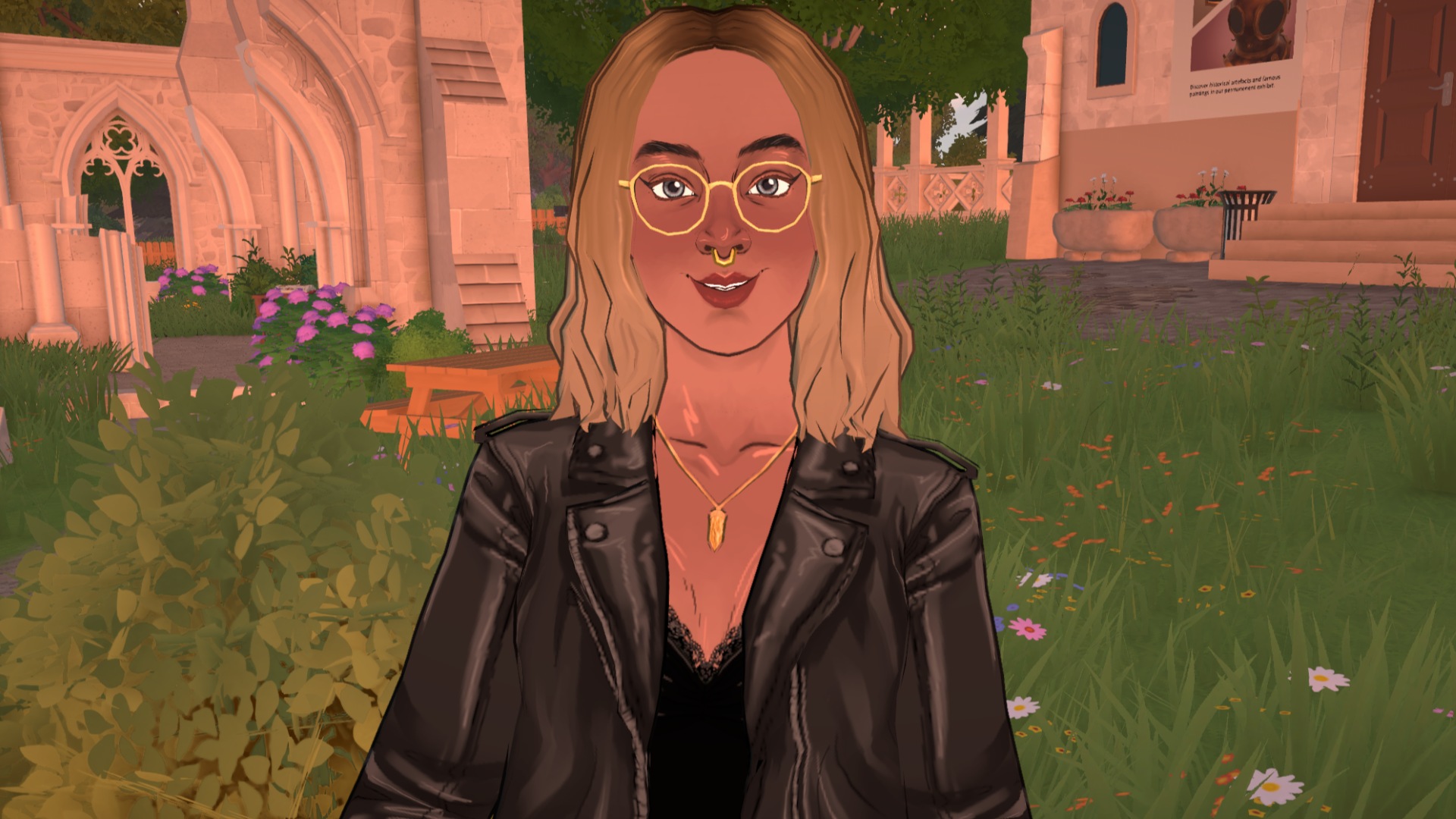 Paralives - A para with short blonde hair wearing glasses and a black leather jacket