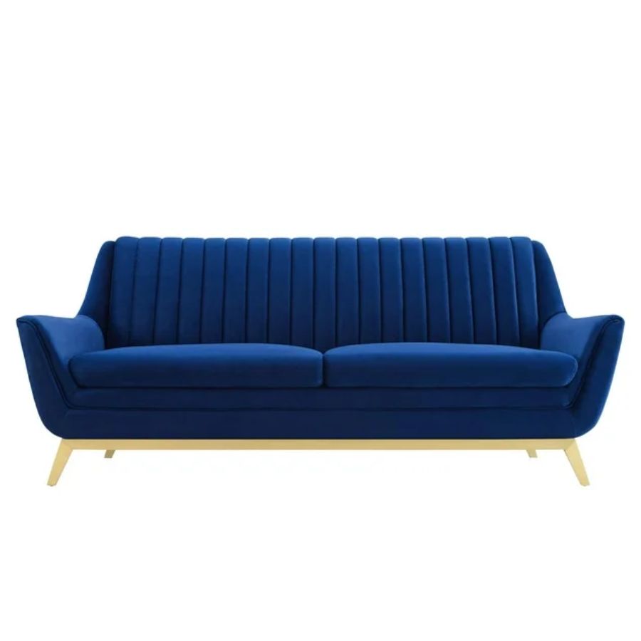 A blue performance velvet sofa