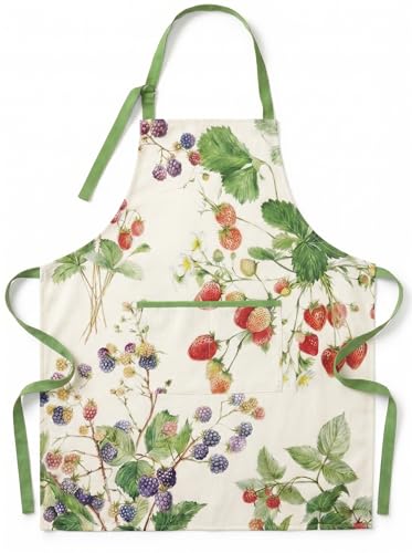 Bknstry Botanical Garden Apron With Pockets - Vintage Wild Berry &amp;amp; Strawberry Illustration Print - Elegant Linen Blend Hostess Apron for Baking, Hosting &amp;amp; Summer Parties