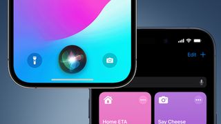 Twee iPhones tegen een blauwe achtergrond met Siri en Shortcuts in beeld