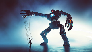 Giant robot uses human as marionette