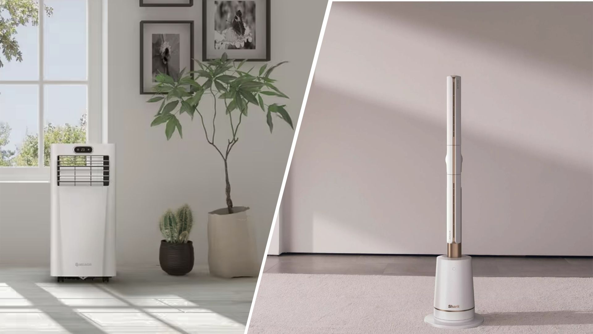 Half an image of the MeacoCool Air Conditioning unit in a white room next to half an image of the Shark TurboBlade Fan