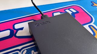 A close up of the Xbox branding on the Seagate Game Drive for Xbox.